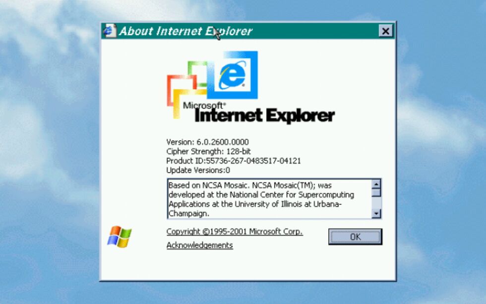 A tela Sobre do Internet Explorer anunciou suas raízes Mosaic até a versão 6.