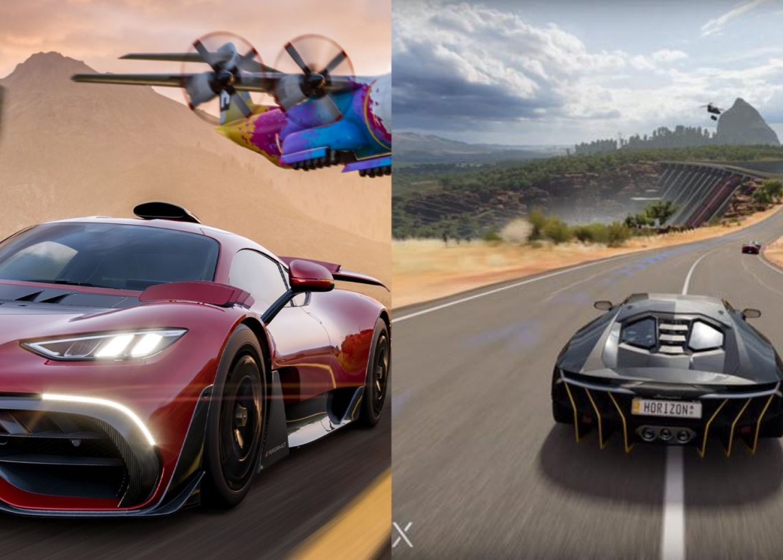 split images of cars racing in forza horizon 5 and f1 2019