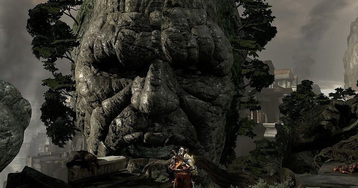 Uma imagem de Kratos conversando com Gaia em God of War III