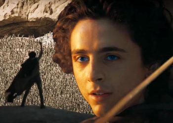 Imagem mesclada de Paul subindo na frente dos Fremen e Paul segurando uma lâmina em Dune 2
